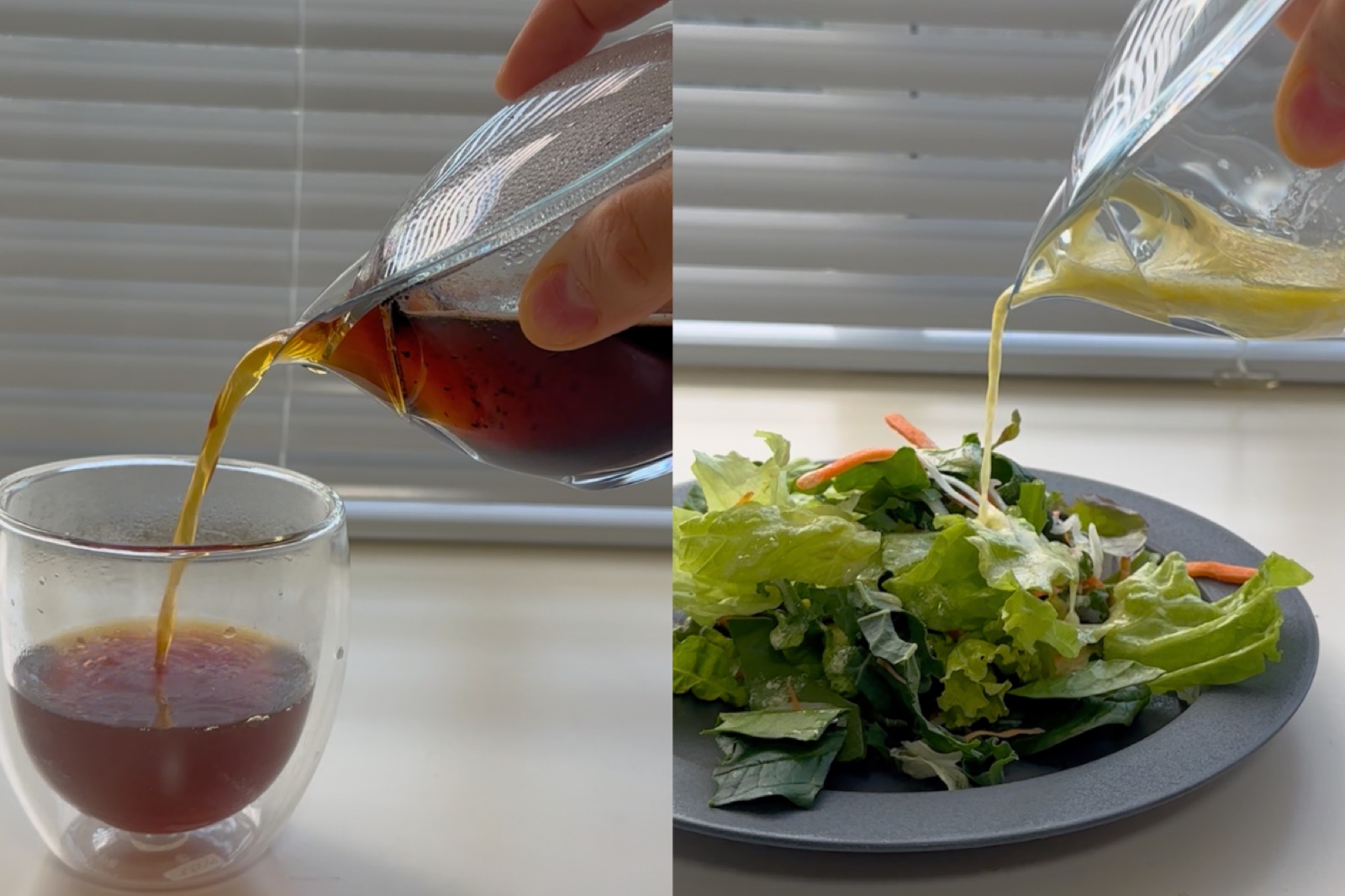 CHASTAでコーヒーを注ぐ様子とドレッシングをサラダにかける様子