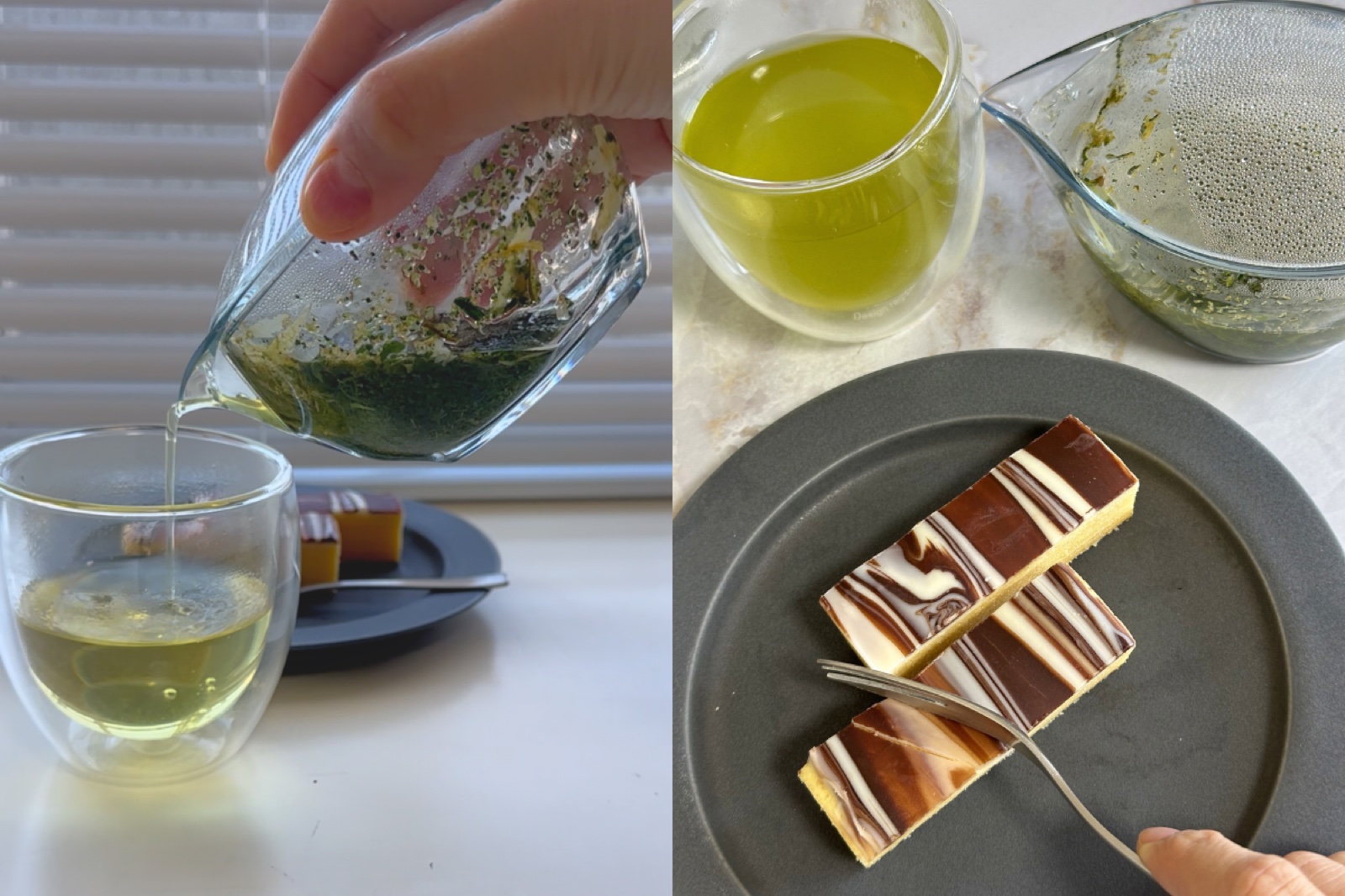 CHASTAで緑茶を淹れる様子とお茶菓子