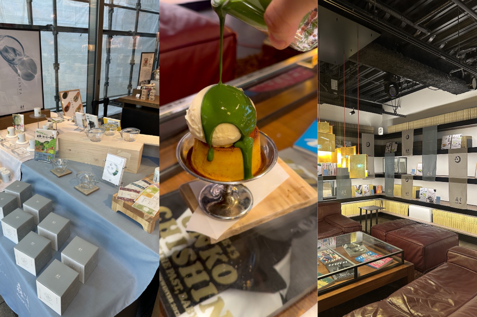 POPUP会場の様子と抹茶ソースをかけるコラボプリン