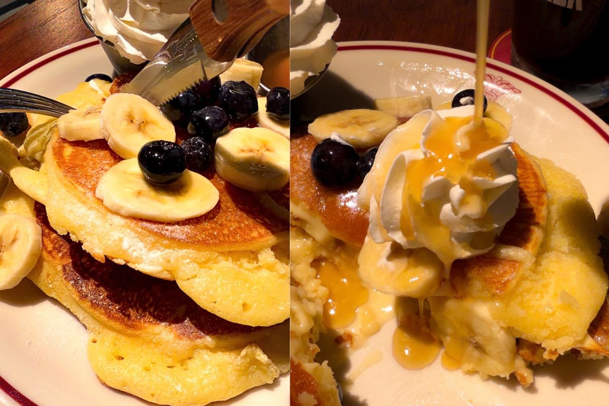 SHE WOLF DINER TOKYO のパンケーキの断面とシロップをかけるところ