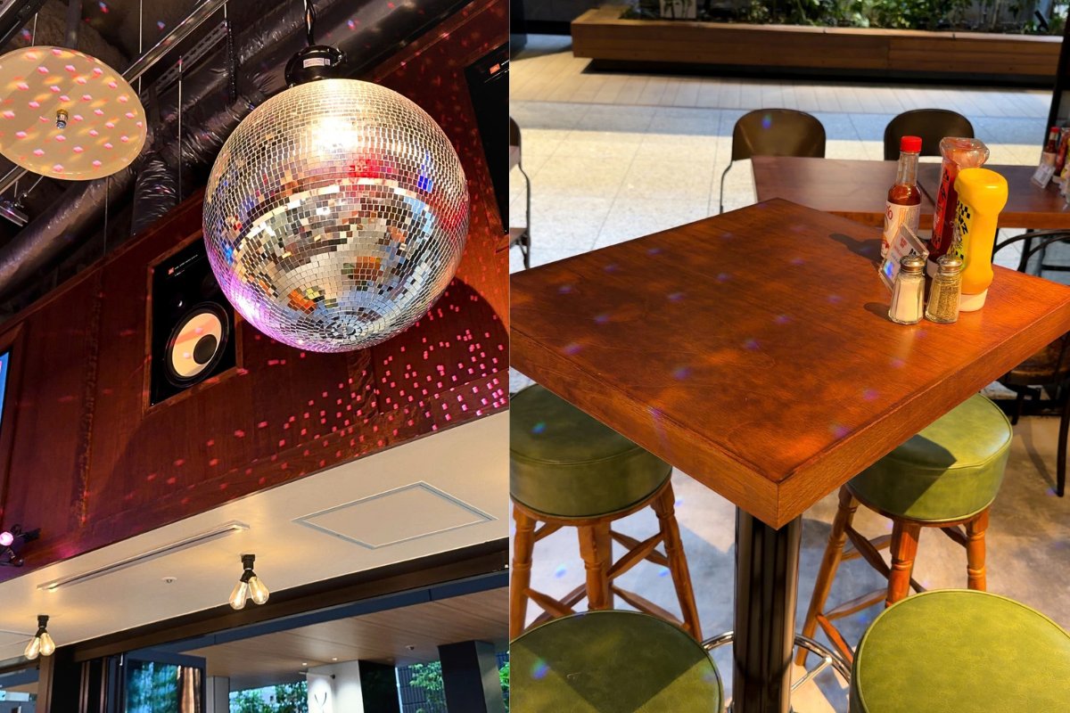 SHE WOLF DINER TOKYO のミラーボールと、光の粒が落ちるテーブル